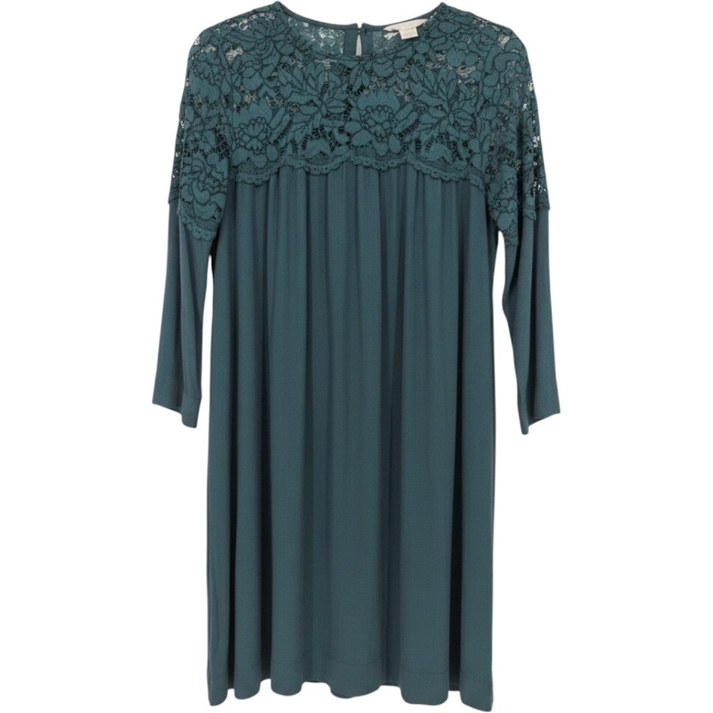 H&M Lace Yoke Shift Dress Womens 6 Teal Excellent Boho Long Sleeve Mini